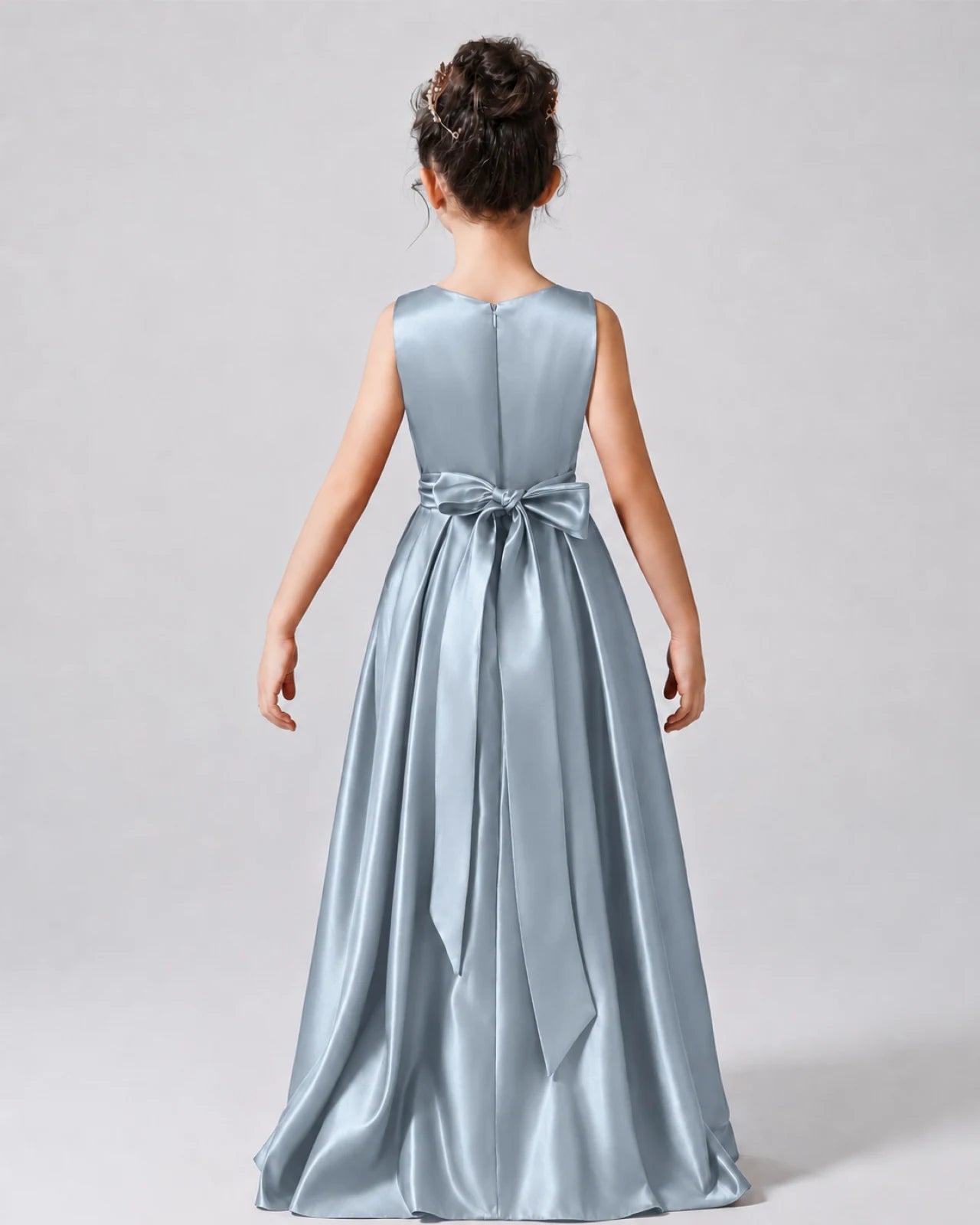 Dusty Blue Back Satin Flower Girls Dress