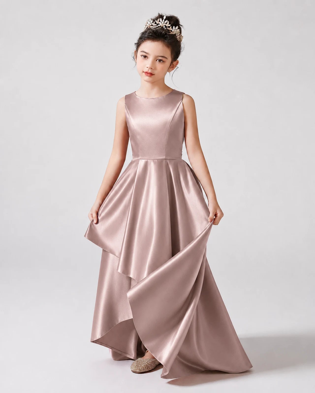 Dusty Rose Front Satin Flower Girls Dress