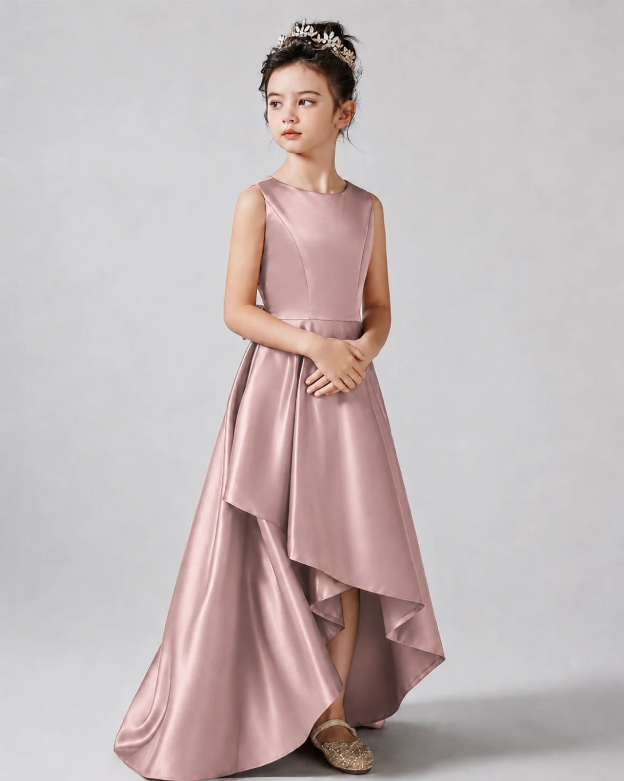 Dusty Rose Side Satin Flower Girls Dress