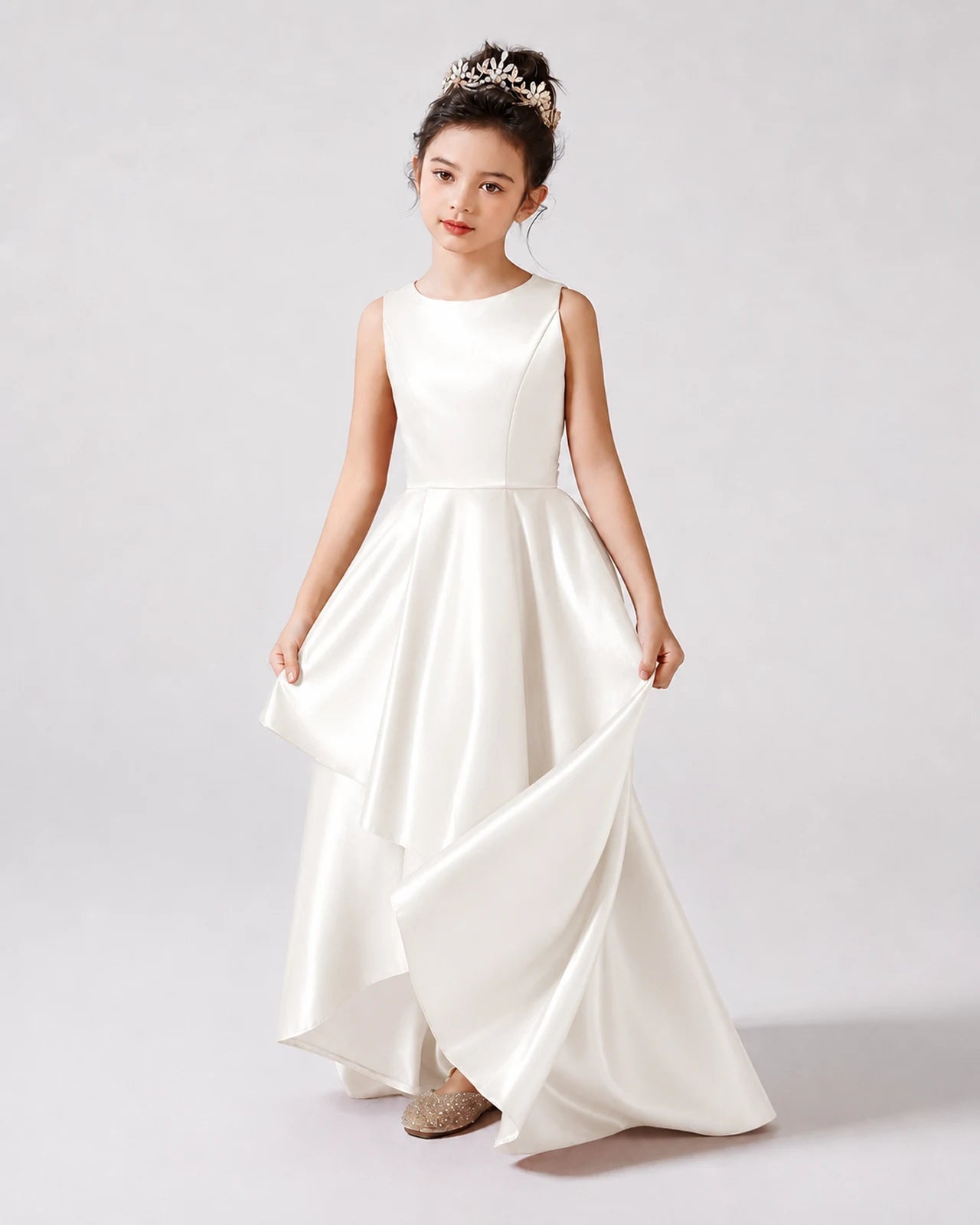 Ivory Front Satin Flower Girls Dress