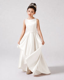 Ivory Front Satin Flower Girls Dress