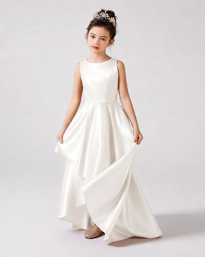 Ivory Front Satin Flower Girls Dress