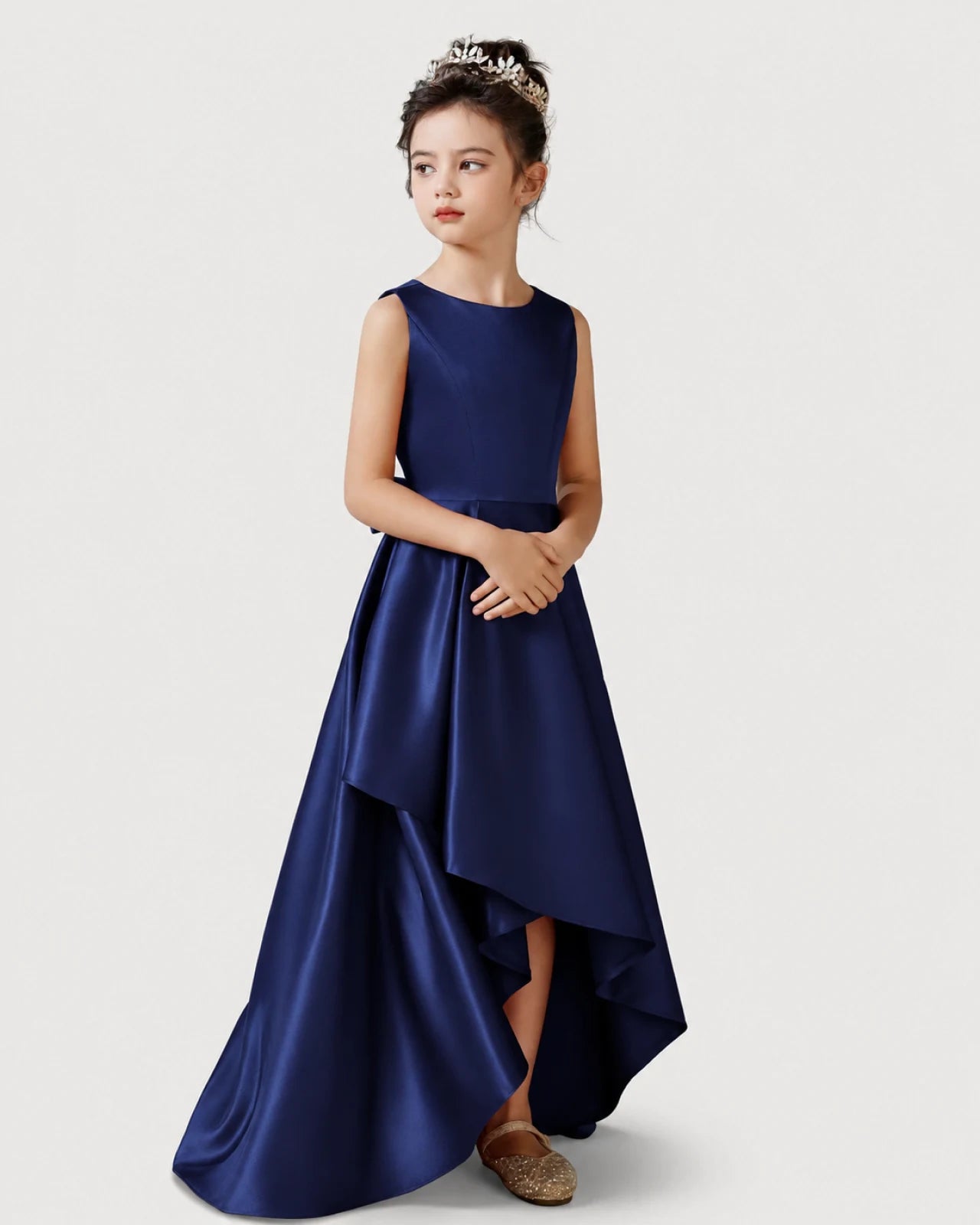 Navy Blue Side Satin Flower Girls Dress