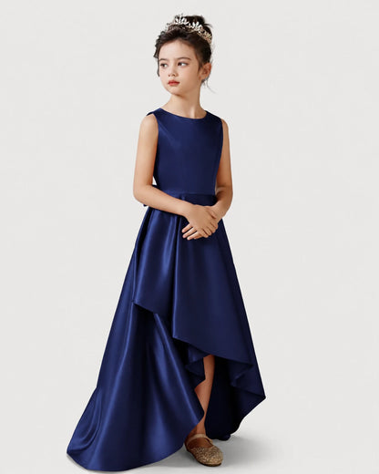 Navy Blue Side Satin Flower Girls Dress