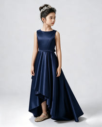 Navy Blue Front Satin Flower Girls Dress
