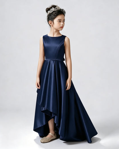Navy Blue Front Satin Flower Girls Dress