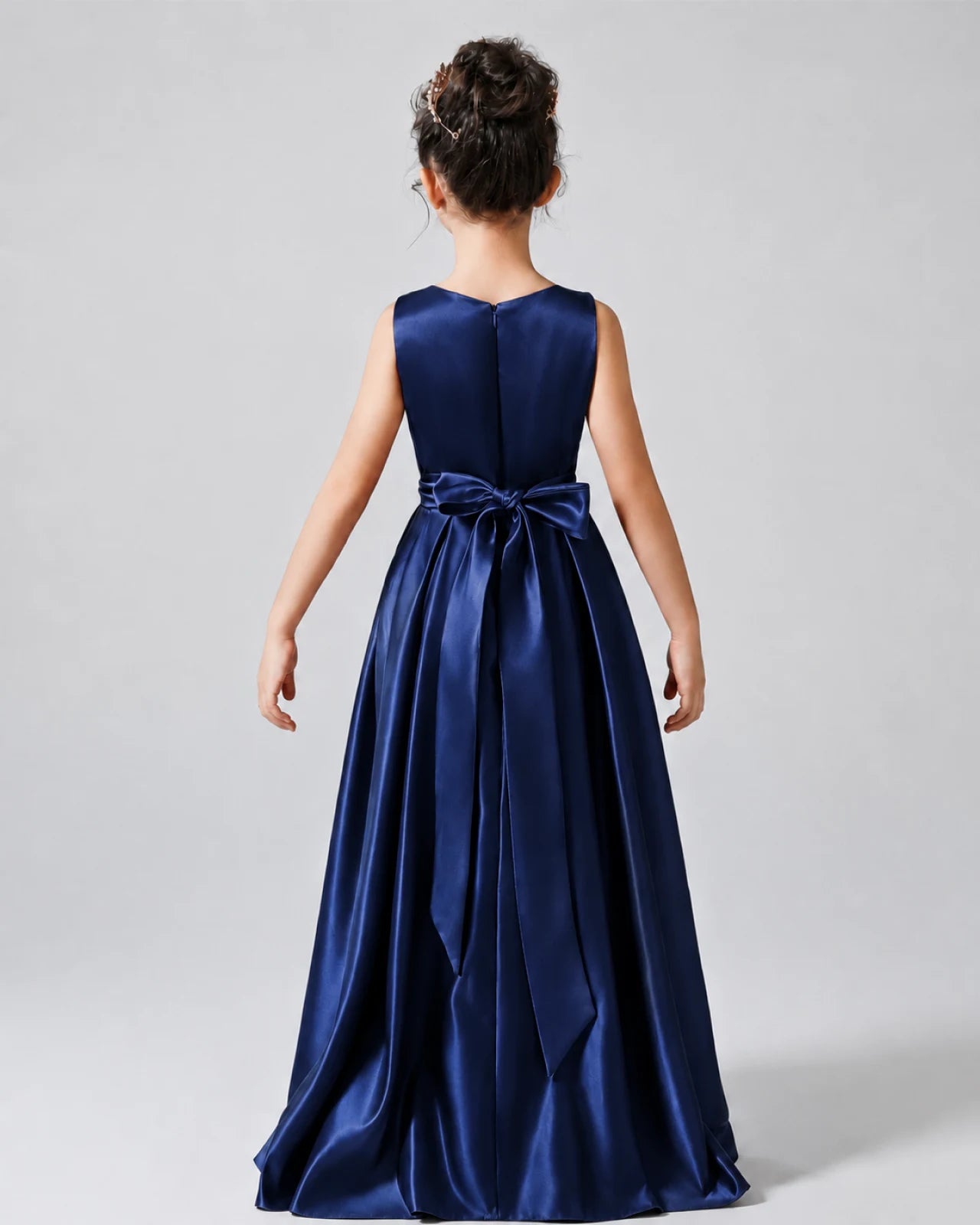 Navy Blue Back Satin Flower Girls Dress