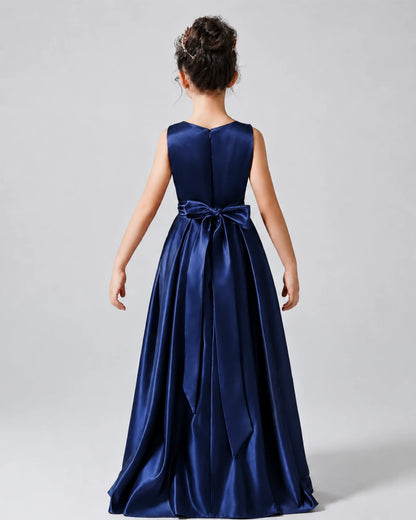 Navy Blue Back Satin Flower Girls Dress