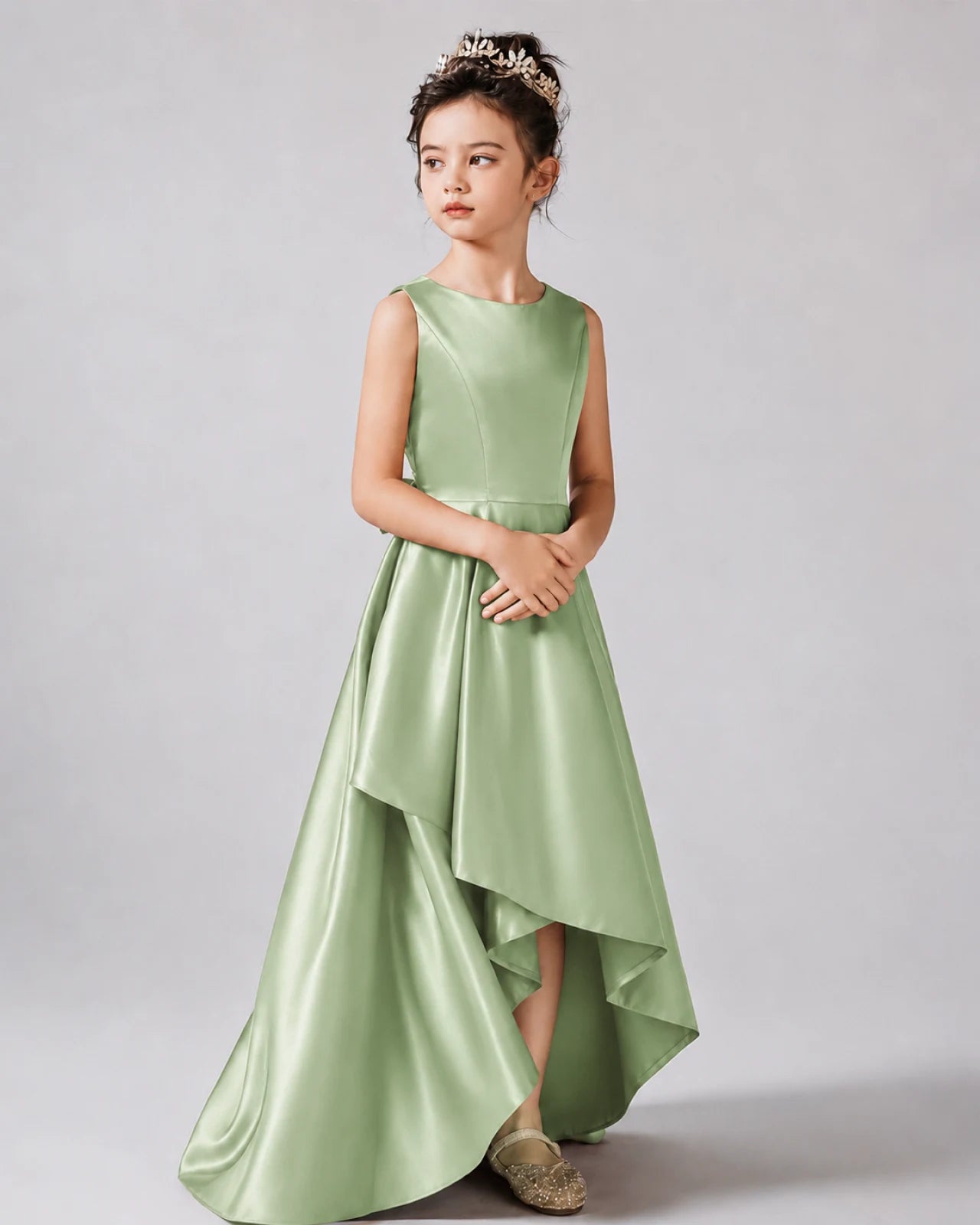 Sage Green Side Satin Flower Girls Dress