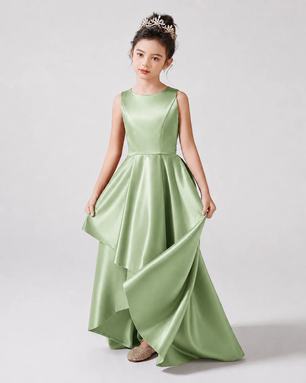 Sage Green Front Satin Flower Girls Dress