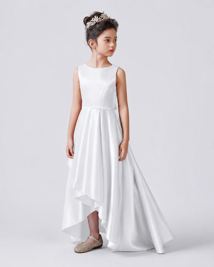White Front Satin Flower Girls Dress