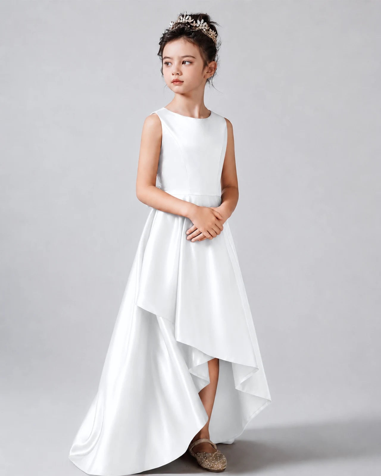 White Side Satin Flower Girls Dress