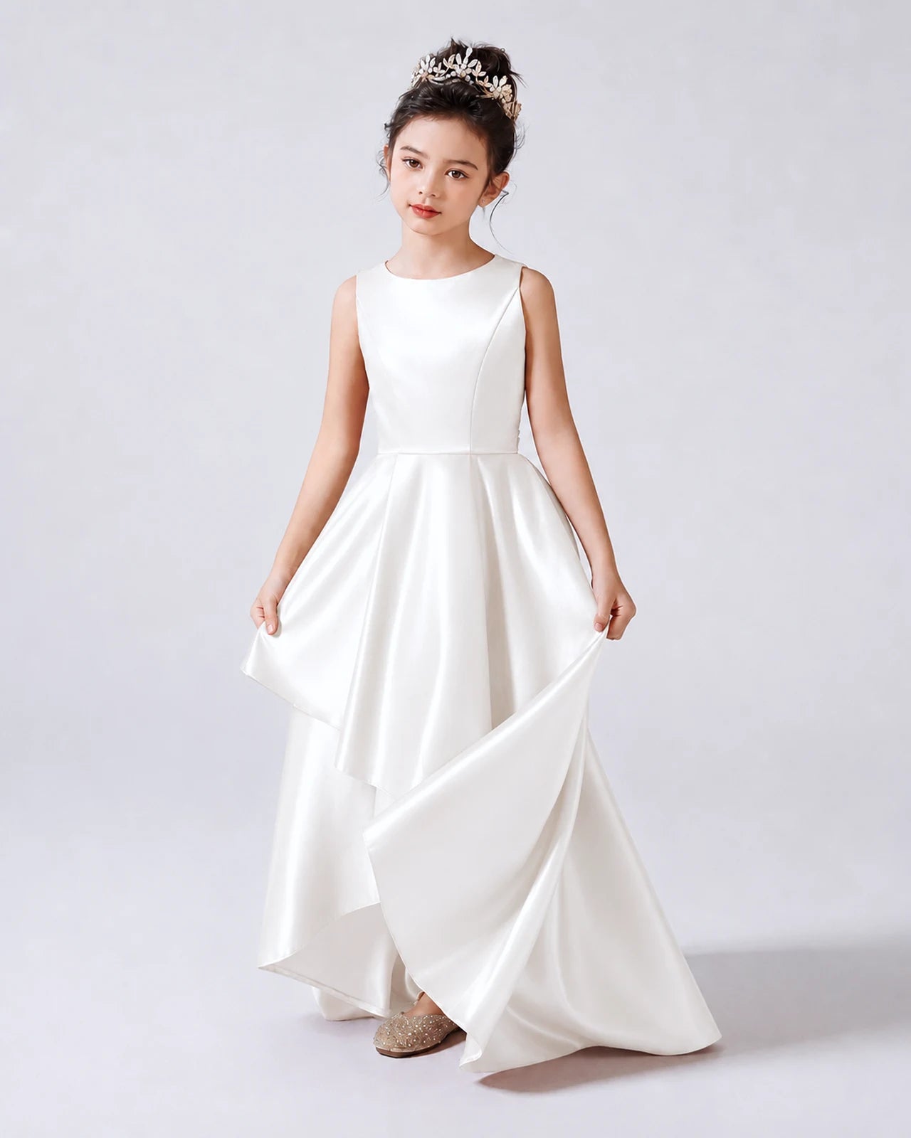 White Front Satin Flower Girls Dress