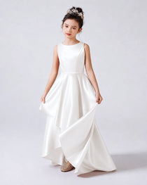 White Front Satin Flower Girls Dress