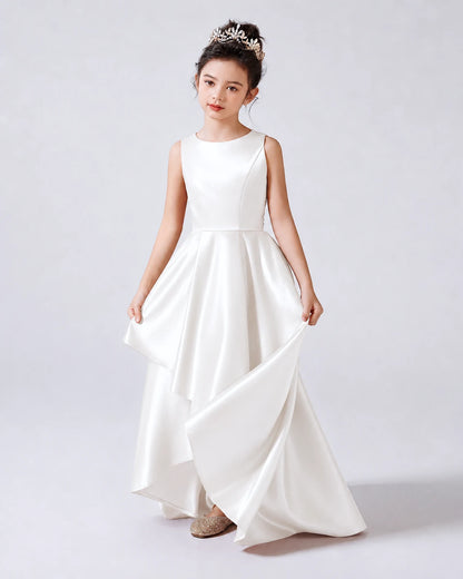 White Front Satin Flower Girls Dress