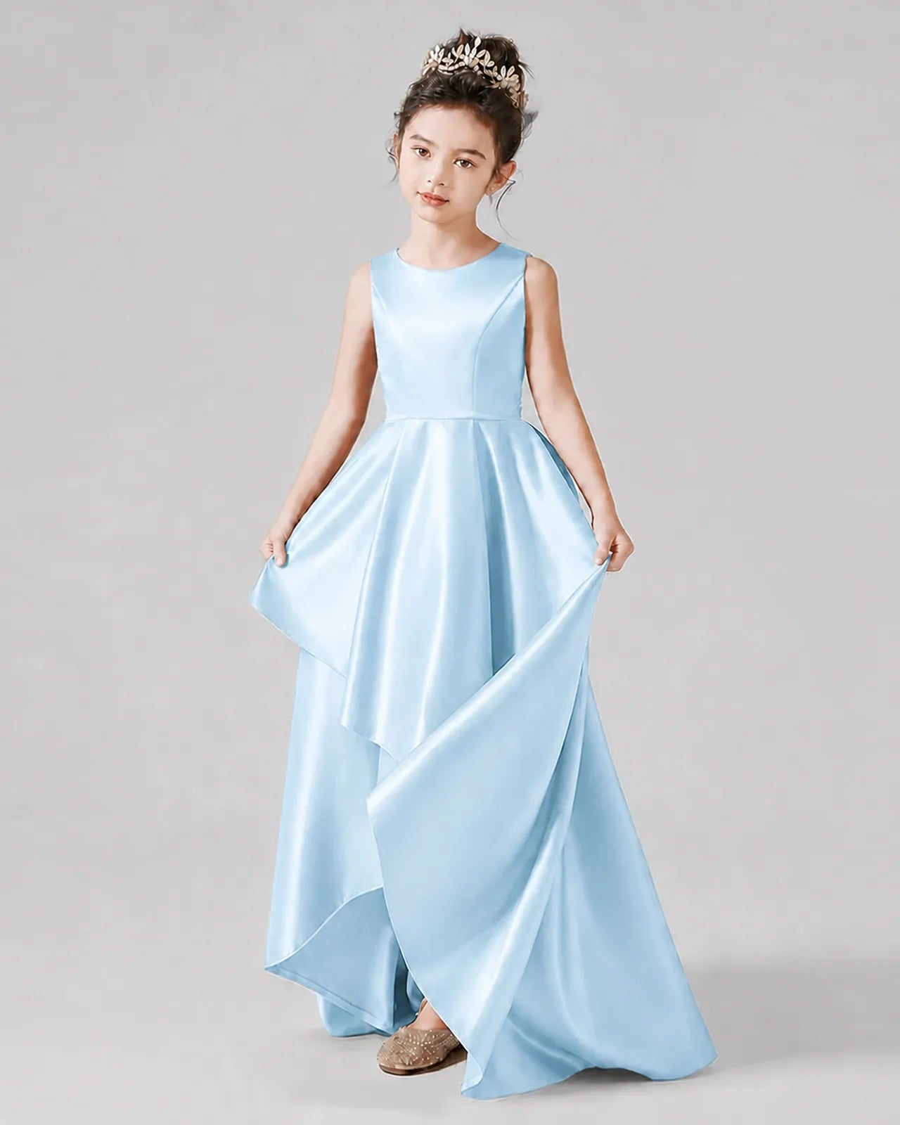 Baby Blue Satin A-line Junior Bridesmaid Dress Front View