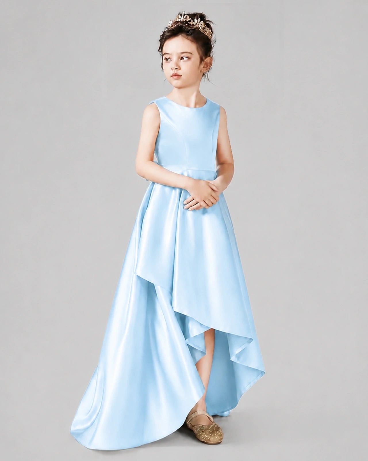 Dideyttawl Junior Bridesmaid Dress with Sleeveless Satin Bodice and High-Low Skirt