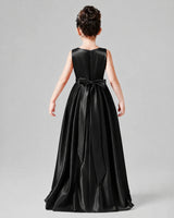 Black Satin A-line Junior Bridesmaid Dress Back View