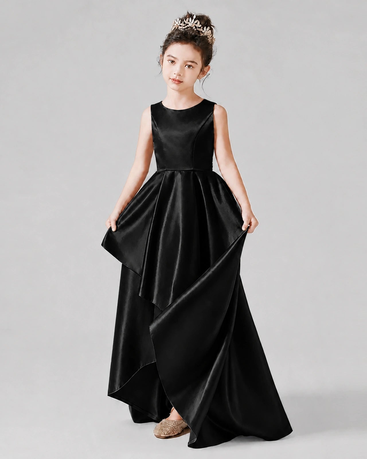 Dideyttawl Junior Bridesmaid Dress with Sleeveless Satin Bodice and High-Low Skirt Main image