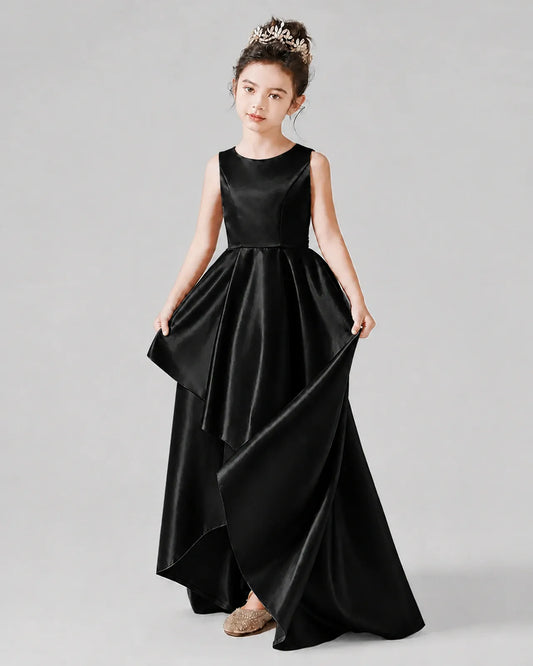 Black Satin A-line Junior Bridesmaid Dress Front View