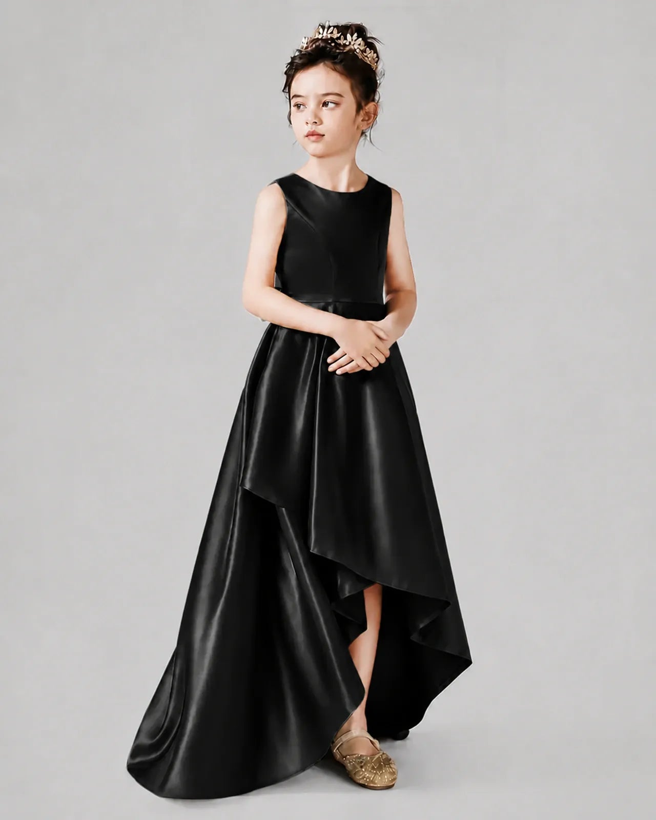 Black Satin A-line Junior Bridesmaid Dress Side View