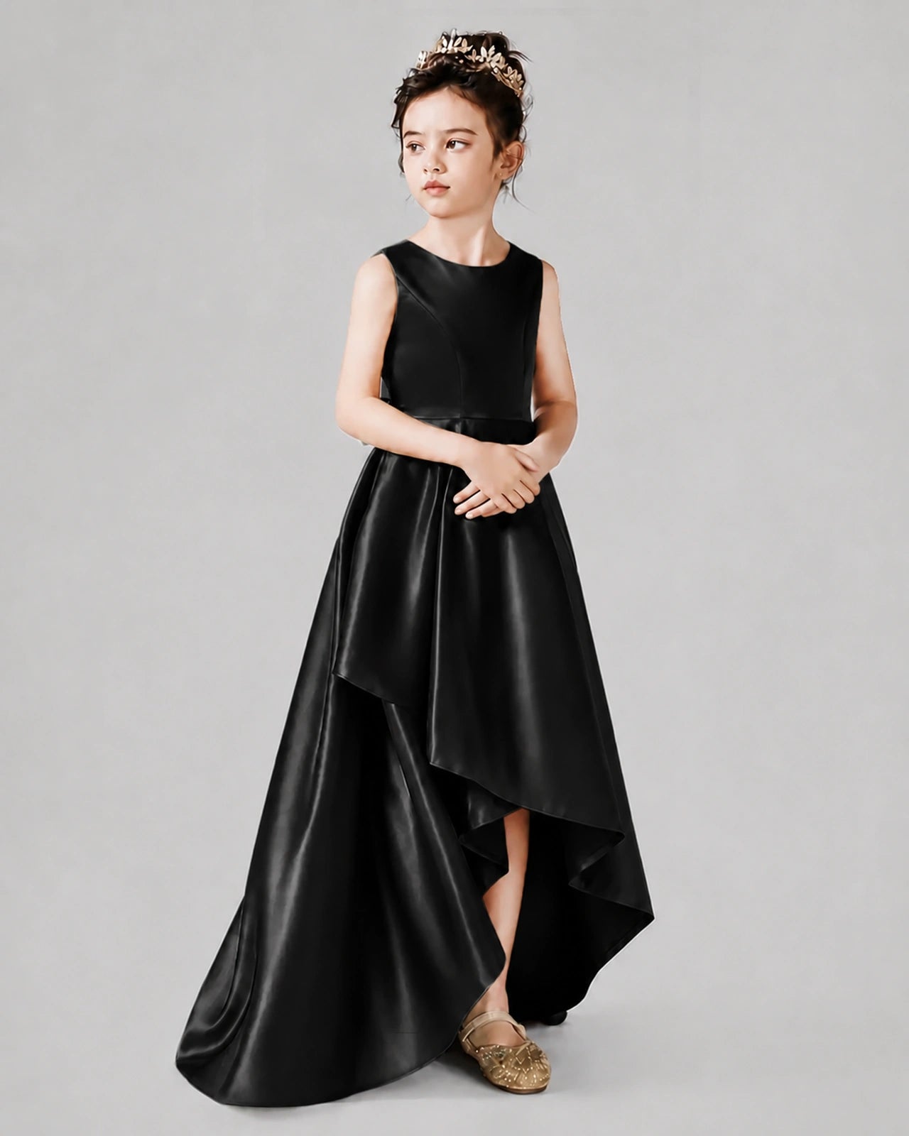 Dideyttawl Junior Bridesmaid Dress with Sleeveless Satin Bodice and High-Low Skirt