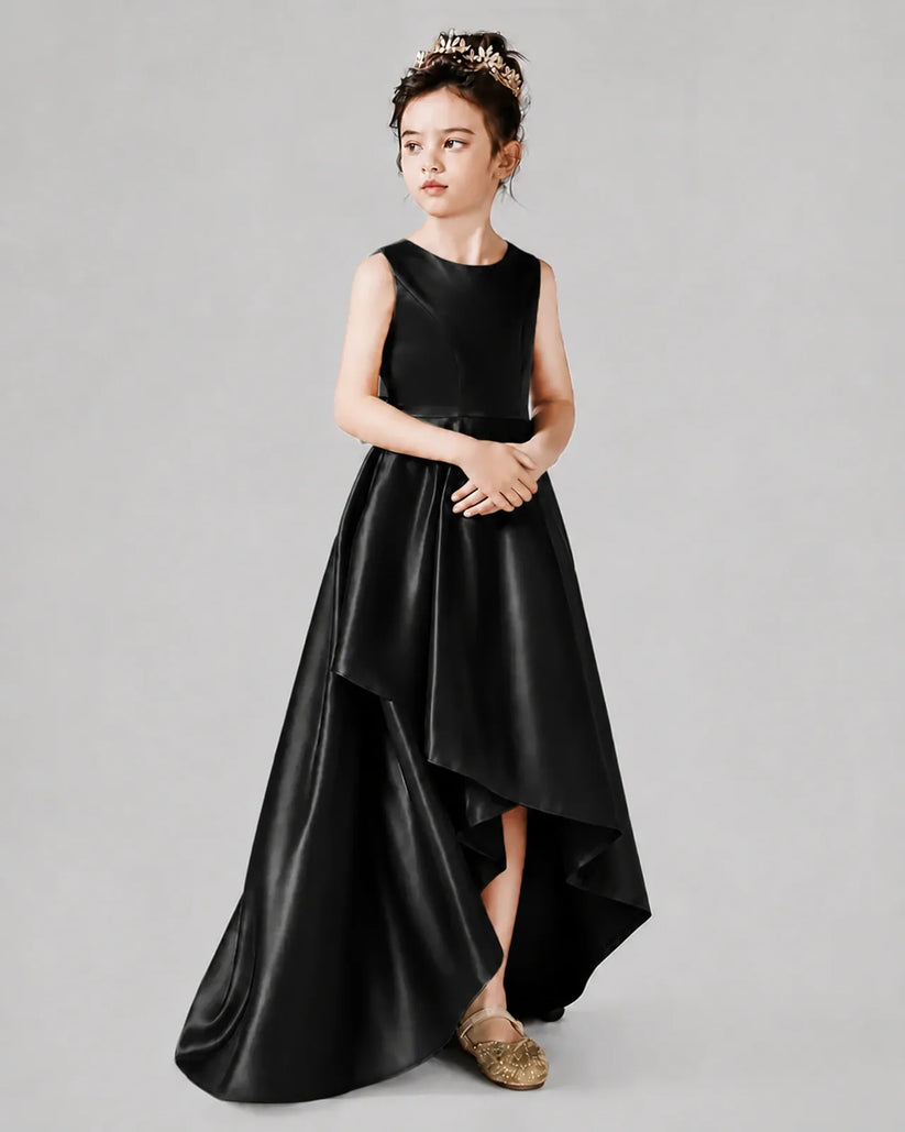 Black Satin A-line Junior Bridesmaid Dress Side View