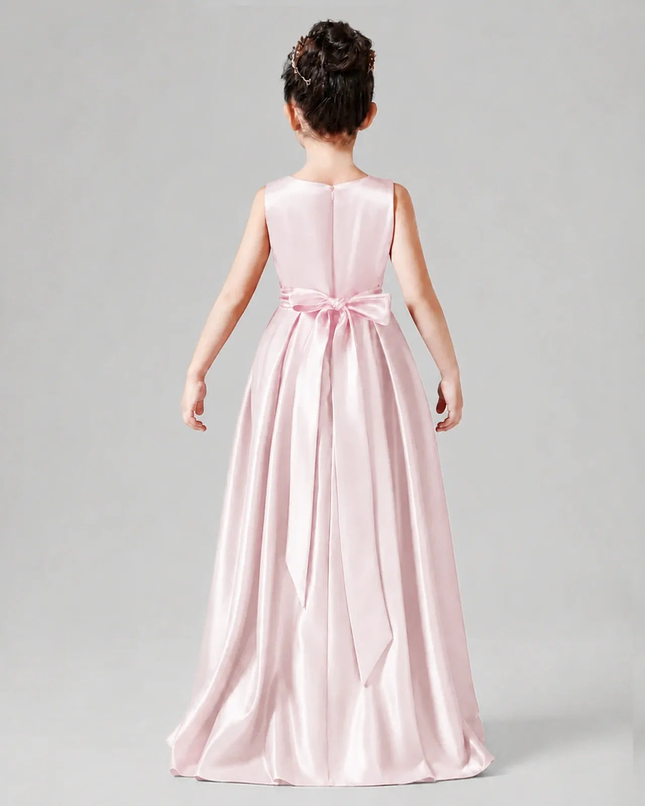 Blush Pink Satin A-line Junior Bridesmaid Dress Back View