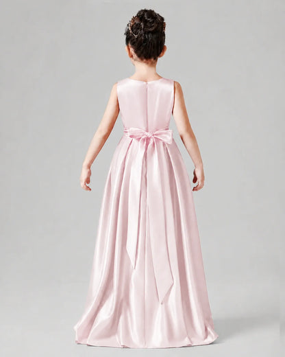 Blush Pink Satin A-line Junior Bridesmaid Dress Back View