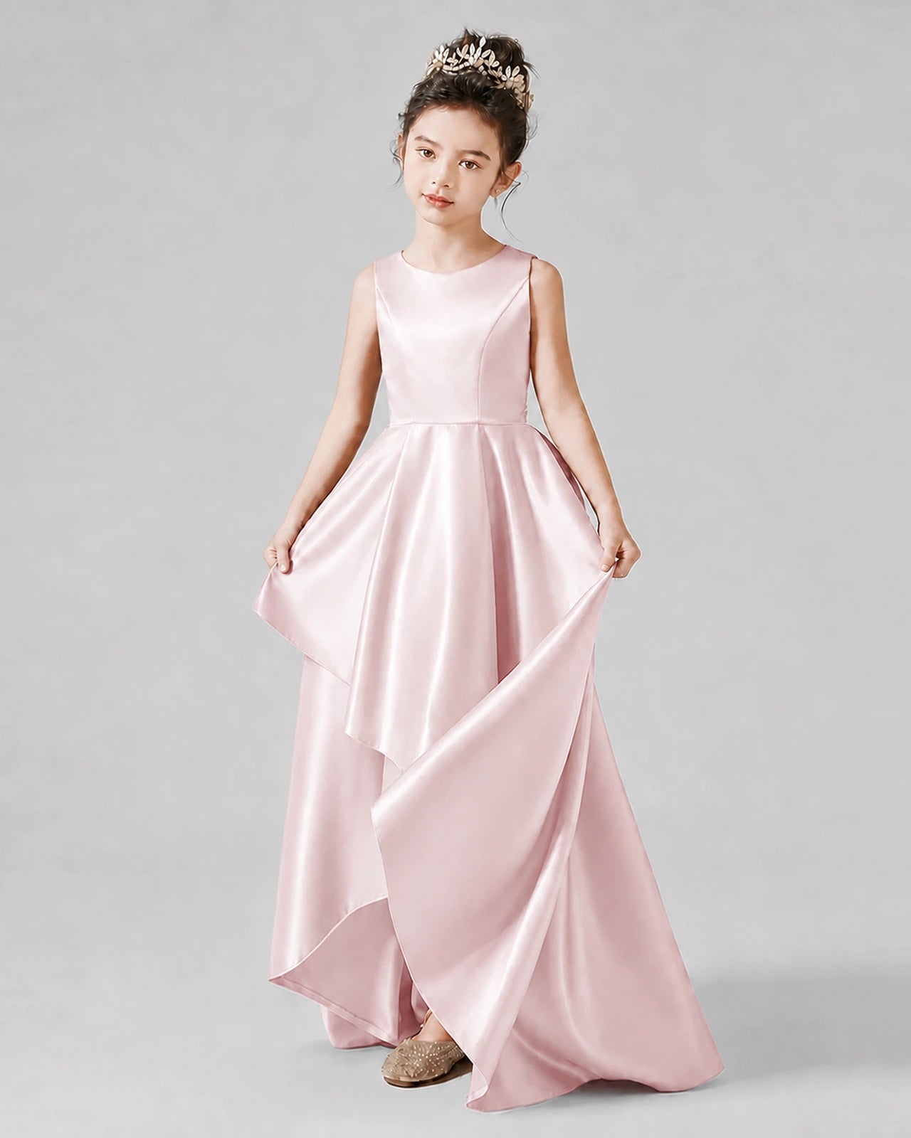 Dideyttawl Junior Bridesmaid Dress with Sleeveless Satin Bodice and High-Low Skirt