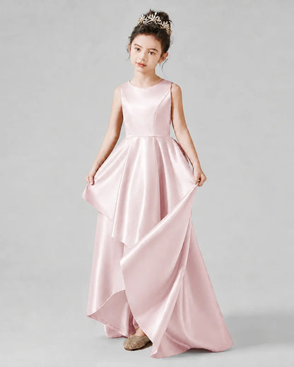 Blush Pink Satin A-line Junior Bridesmaid Dress Front View
