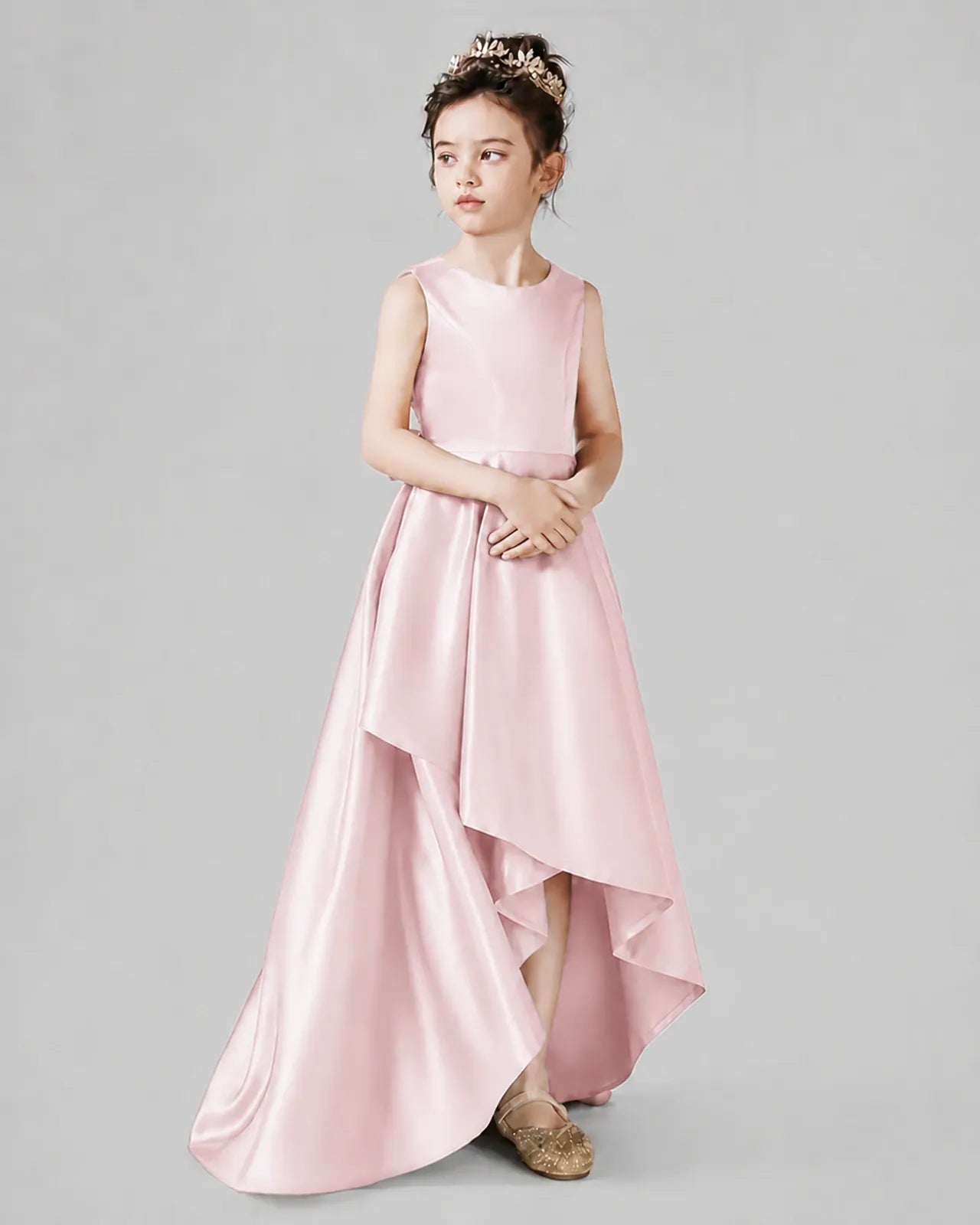 Blush Pink Satin A-line Junior Bridesmaid Dress Side View