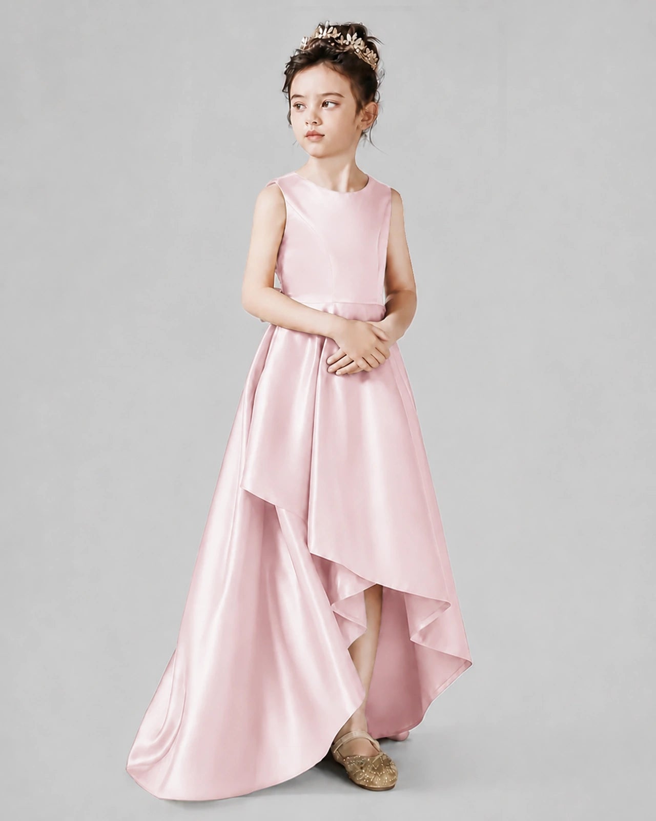 Dideyttawl Junior Bridesmaid Dress with Sleeveless Satin Bodice and High-Low Skirt