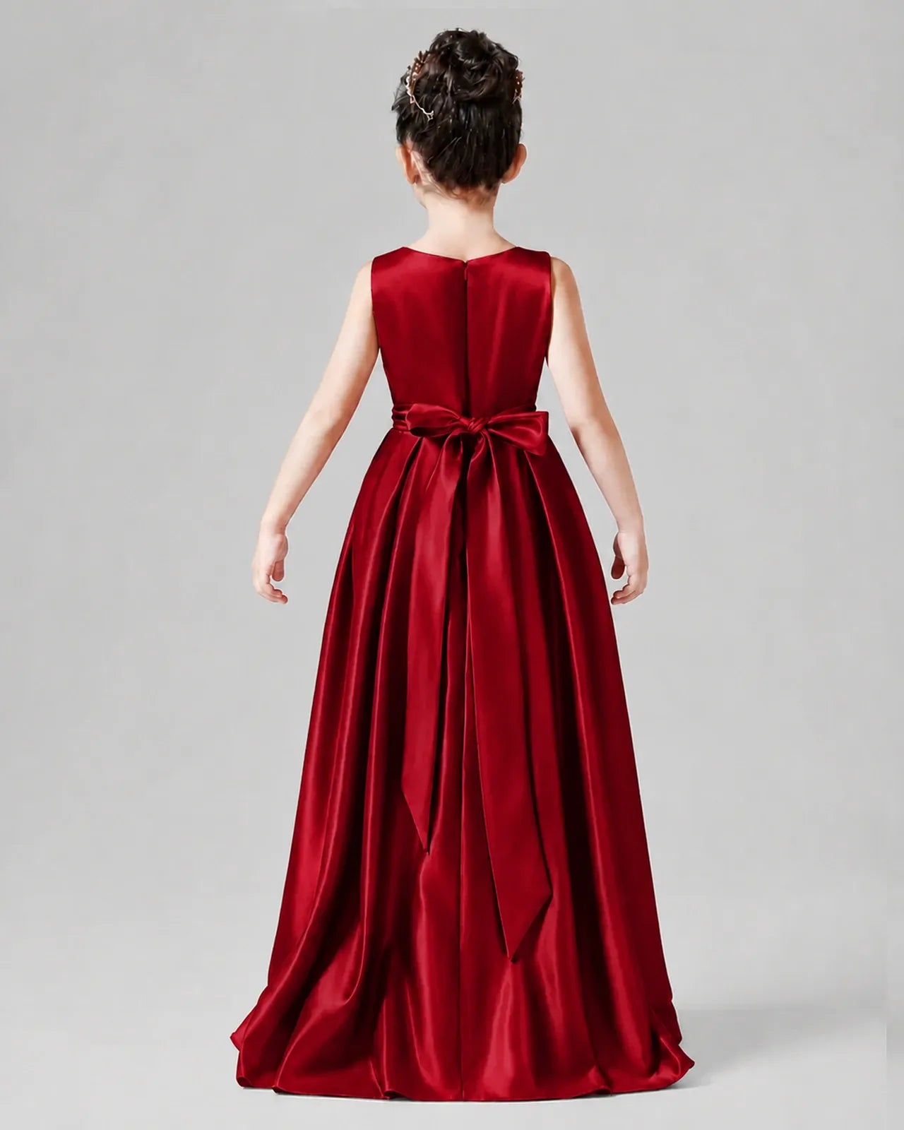 Burgundy Satin A-line Junior Bridesmaid Dress Back View