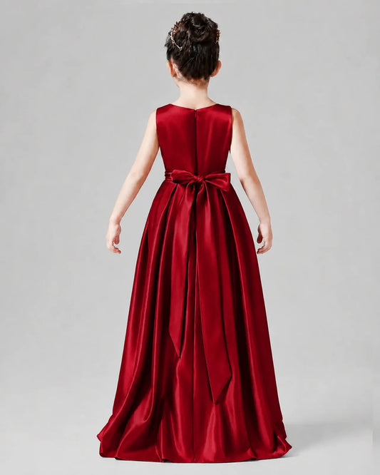 Burgundy Satin A-line Junior Bridesmaid Dress Back View