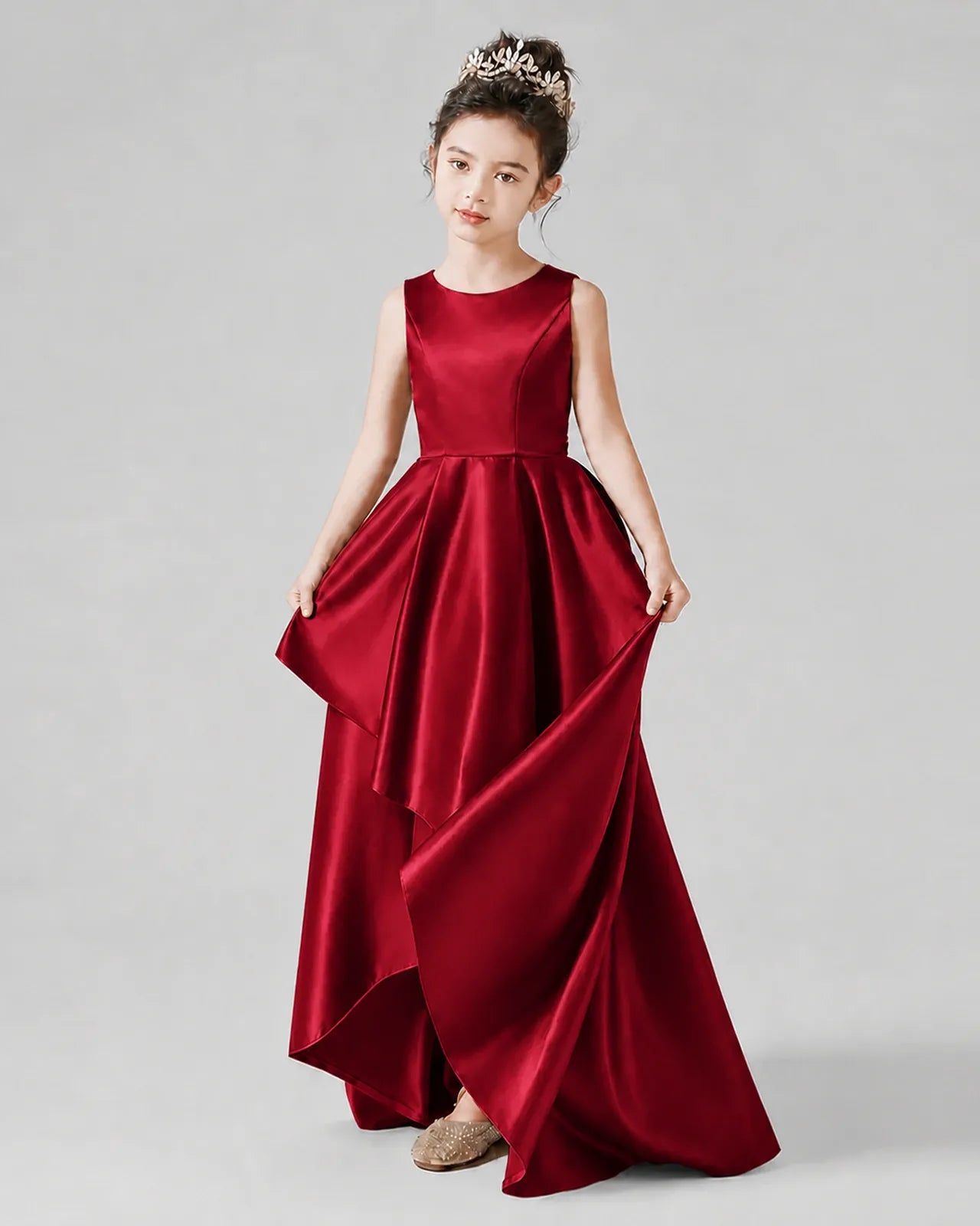 Burgundy Satin A-line Junior Bridesmaid Dress Front View
