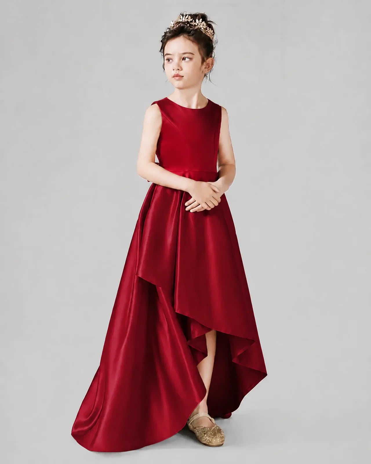 Burgundy Satin A-line Junior Bridesmaid Dress Side View