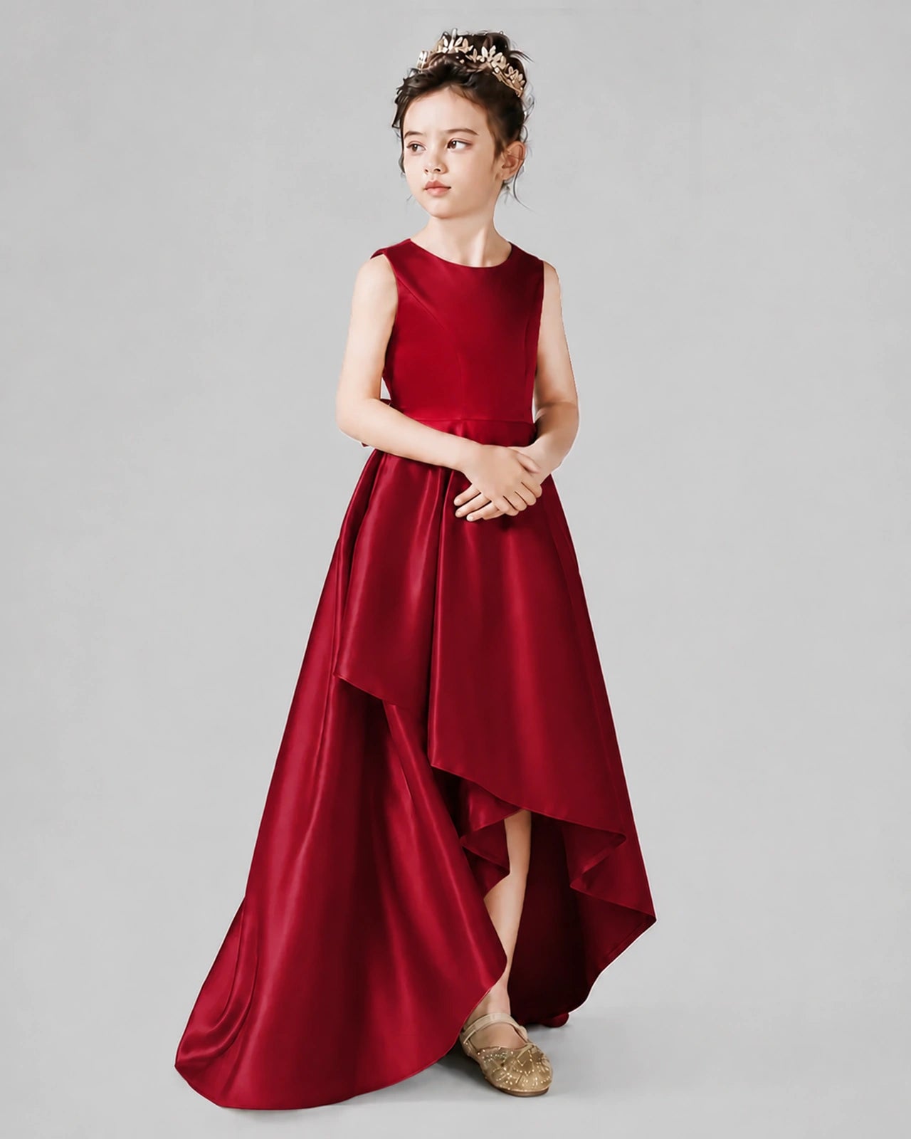 Dideyttawl Junior Bridesmaid Dress with Sleeveless Satin Bodice and High-Low Skirt