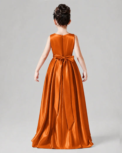 Burnt Orange Satin A-line Junior Bridesmaid Dress Back View