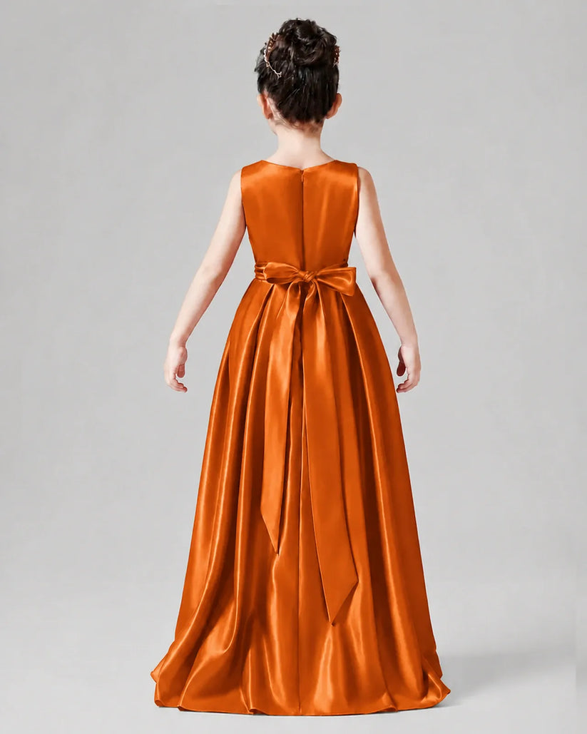 Burnt Orange Satin A-line Junior Bridesmaid Dress Back View