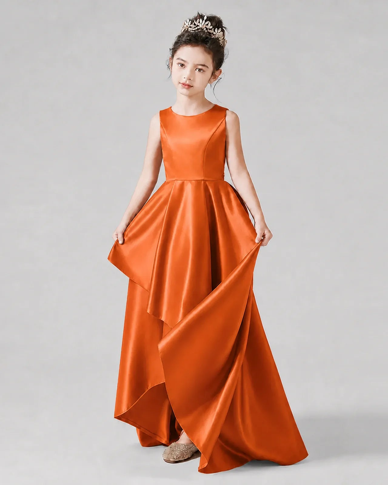 Burnt Orange Satin A-line Junior Bridesmaid Dress Front View