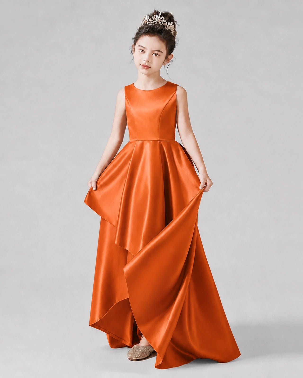 Dideyttawl Junior Bridesmaid Dress with Sleeveless Satin Bodice and High-Low Skirt