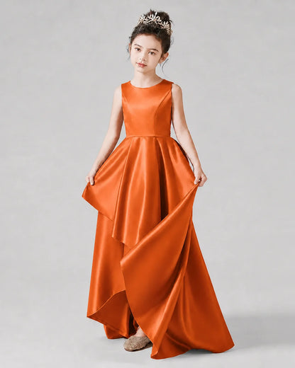 Burnt Orange Satin A-line Junior Bridesmaid Dress Front View