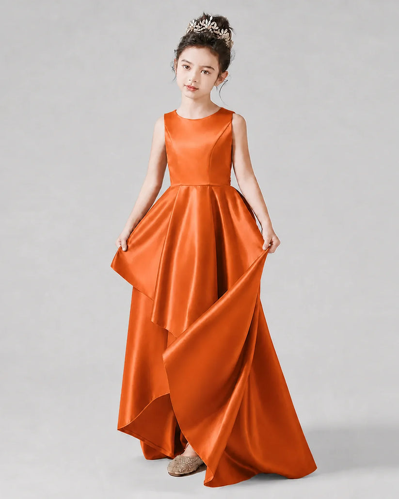 Burnt Orange Satin A-line Junior Bridesmaid Dress Front View