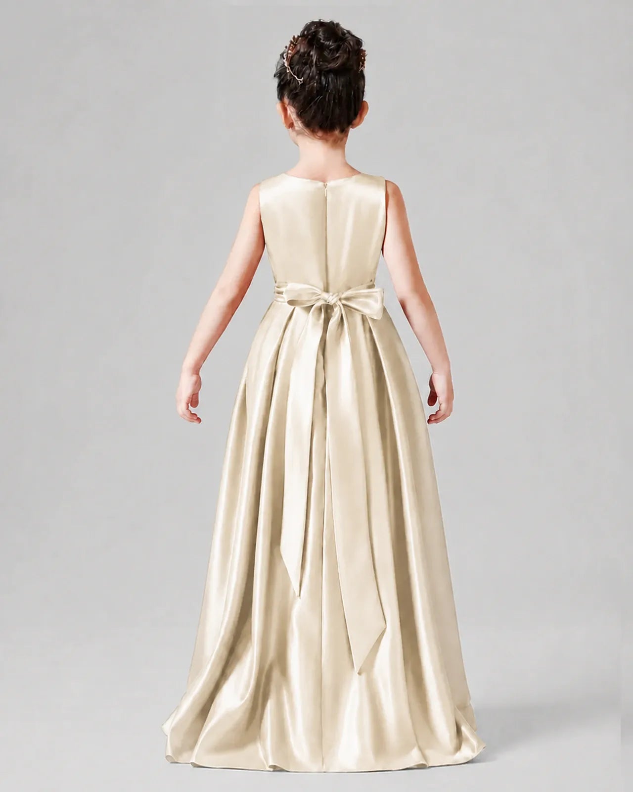 Champagne Satin A-line Junior Bridesmaid Dress Back View