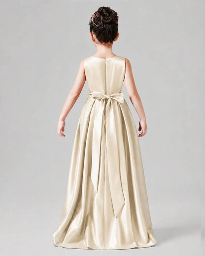 Champagne Satin A-line Junior Bridesmaid Dress Back View