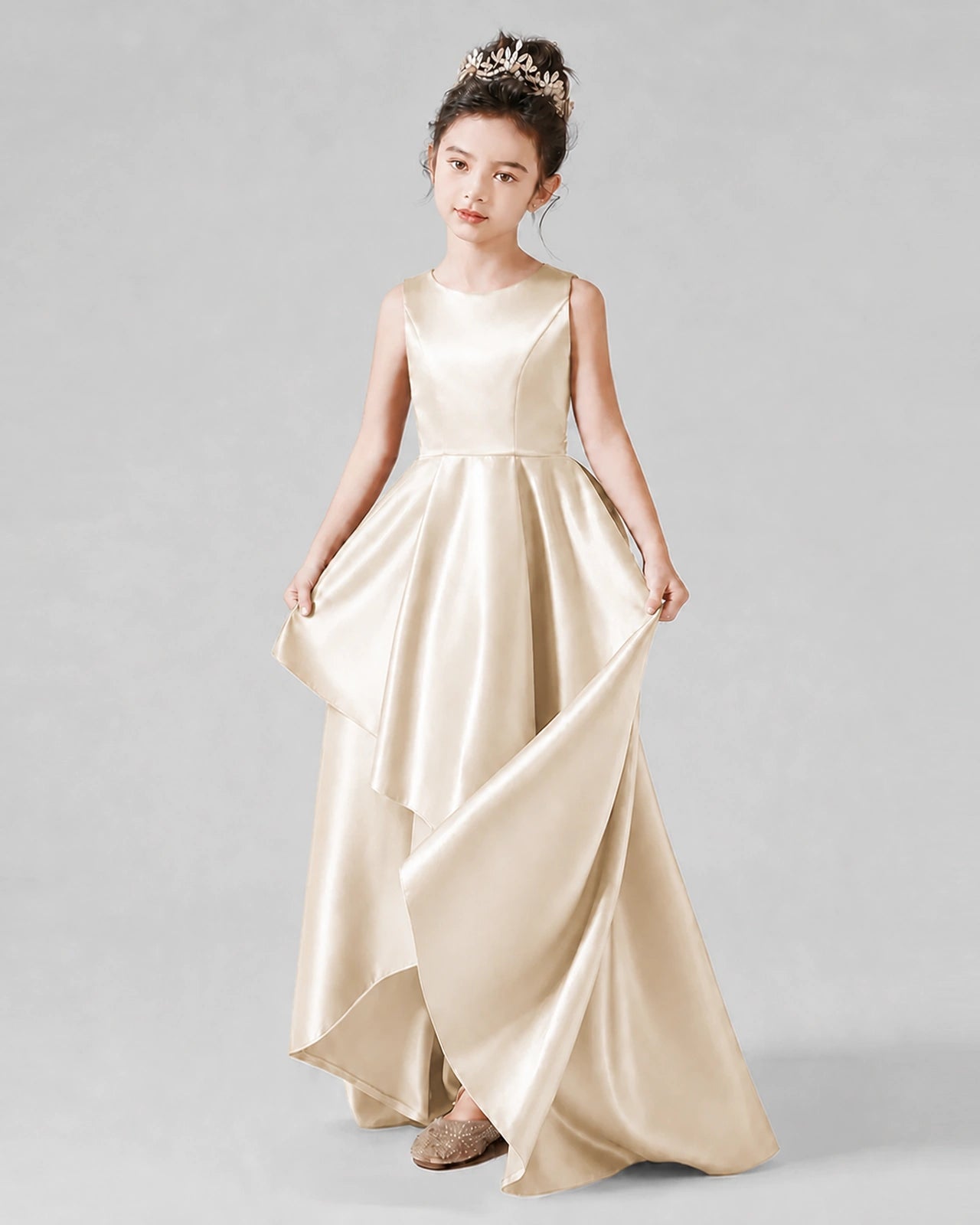 Dideyttawl Junior Bridesmaid Dress with Sleeveless Satin Bodice and High-Low Skirt