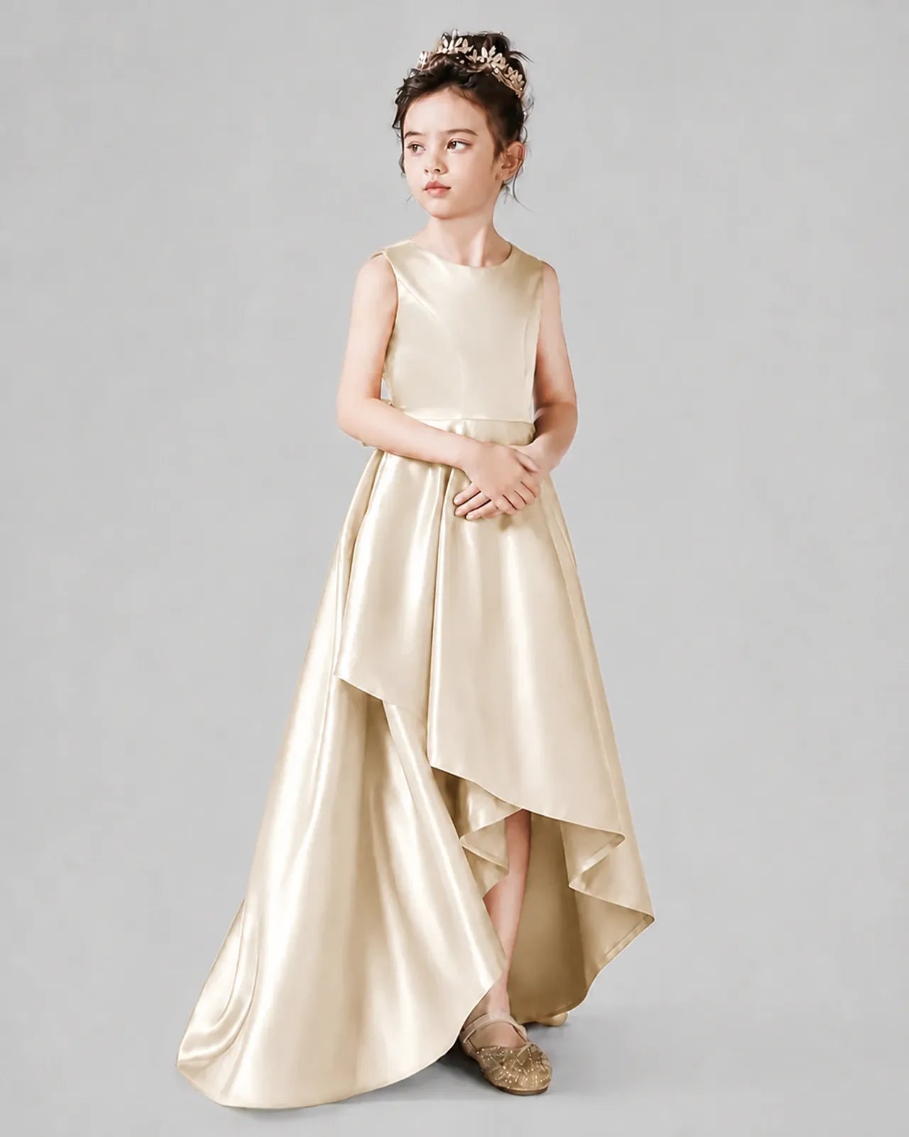 Champagne Satin A-line Junior Bridesmaid Dress Side View