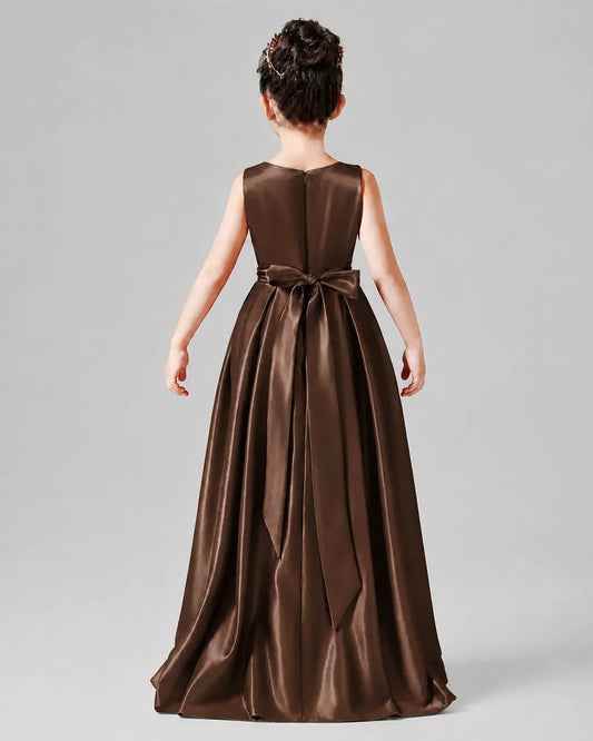Chocolate Satin A-line Junior Bridesmaid Dress Back View
