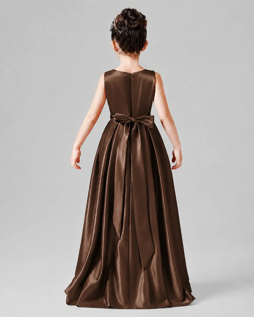 Chocolate Satin A-line Junior Bridesmaid Dress Back View